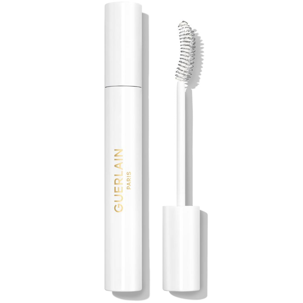 Guerlain White plastic mascara tube with curved brush, long cylindrical shape, gold vertical text and screw-on cap