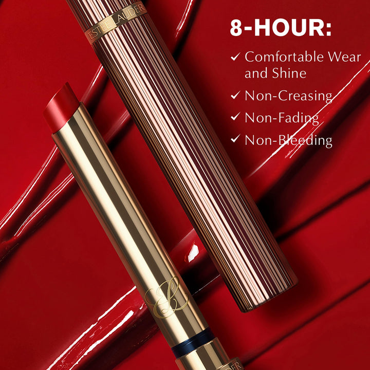 Estée Lauder Rose-gold capped lip gloss wand applying glossy vibrant pink color, expert-crafted finish