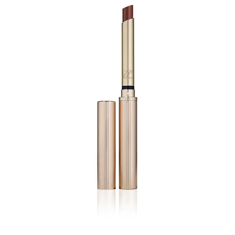 Warm brown high‑shine lipstick in ribbed rose‑gold tube, Unisex