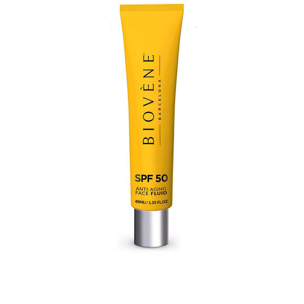 Yellow plastic face fluid tube with silver cap, vertical text and bold SPF 50, Biovène visible