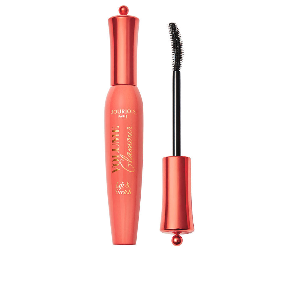 Bourjois Tubed mascara in metallic coral plastic with curved wand, rounded cap ends and gold embossed text