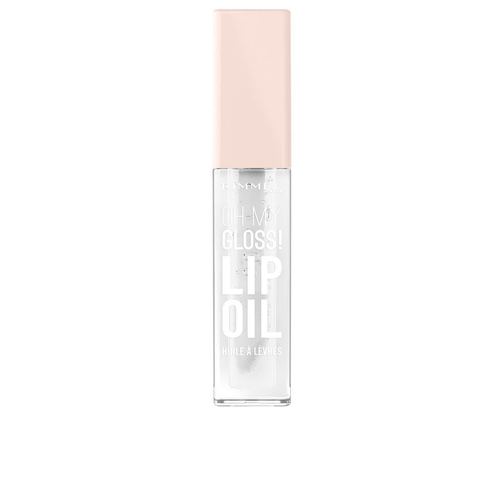 Rimmel Clear rectangular lip oil bottle with visible light-pink liquid, transparent plastic and screw cap