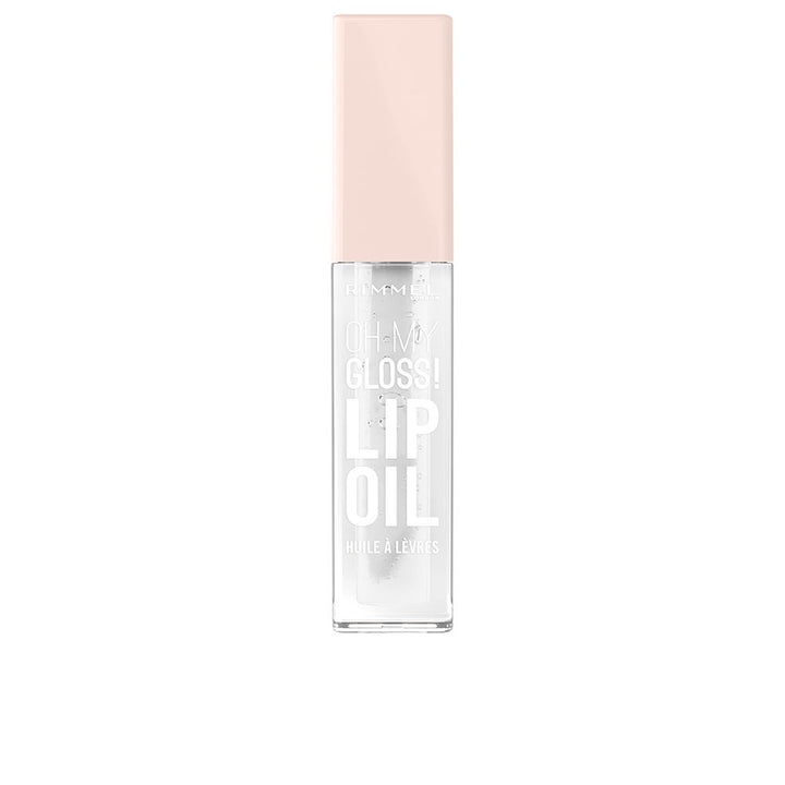 Rimmel Clear rectangular lip oil bottle with visible light-pink liquid, transparent plastic and screw cap