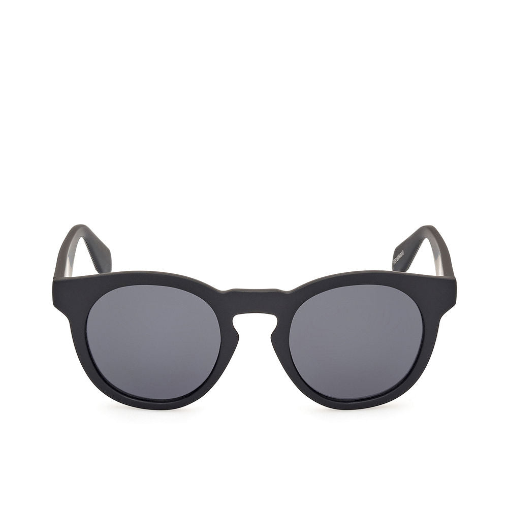 Matte black round plastic sunglasses with thick frame and smoke-gray lenses, Marcolin signature styling.