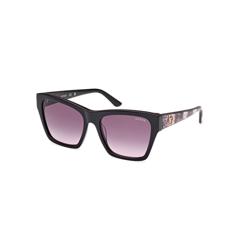 Guess Glossy black plastic square sunglasses with purple gradient lenses, patterned temple arms, logo accents