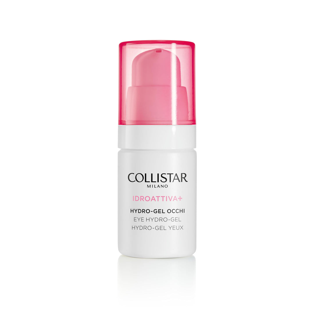 Collistar Cooling hydrogel eye treatment in a small jar with pale translucent gel, clean minimalist packaging .
