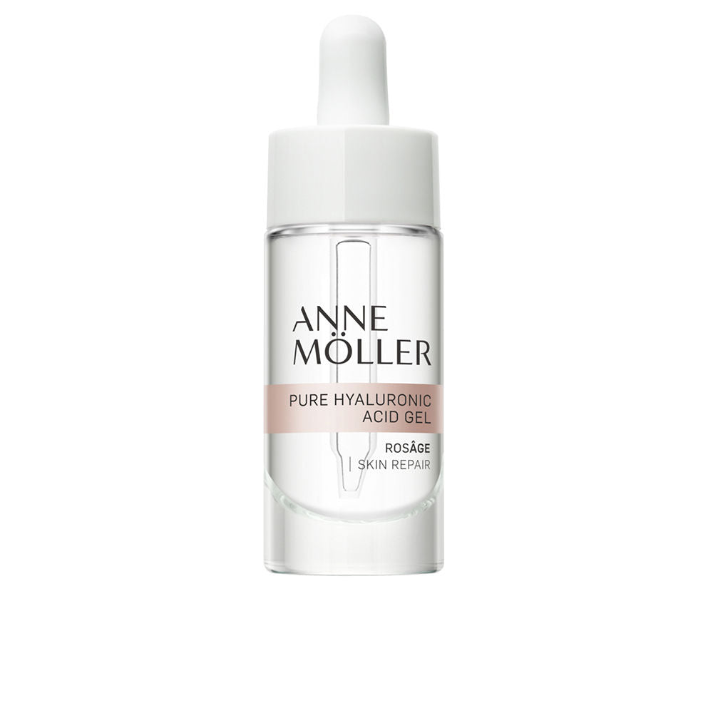 Anne Möller Glass dropper bottle of clear light-pink hyaluronic gel with minimalist label and plastic cap