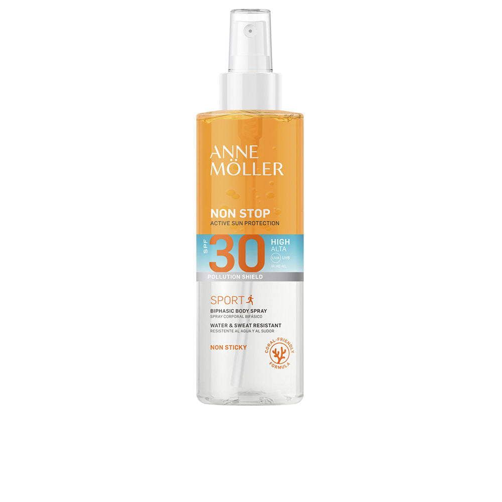 Anne Möller Sporty orange, white, and blue plastic body spray with nozzle; transparent bottle shows biphasic liquid, Anne Jules