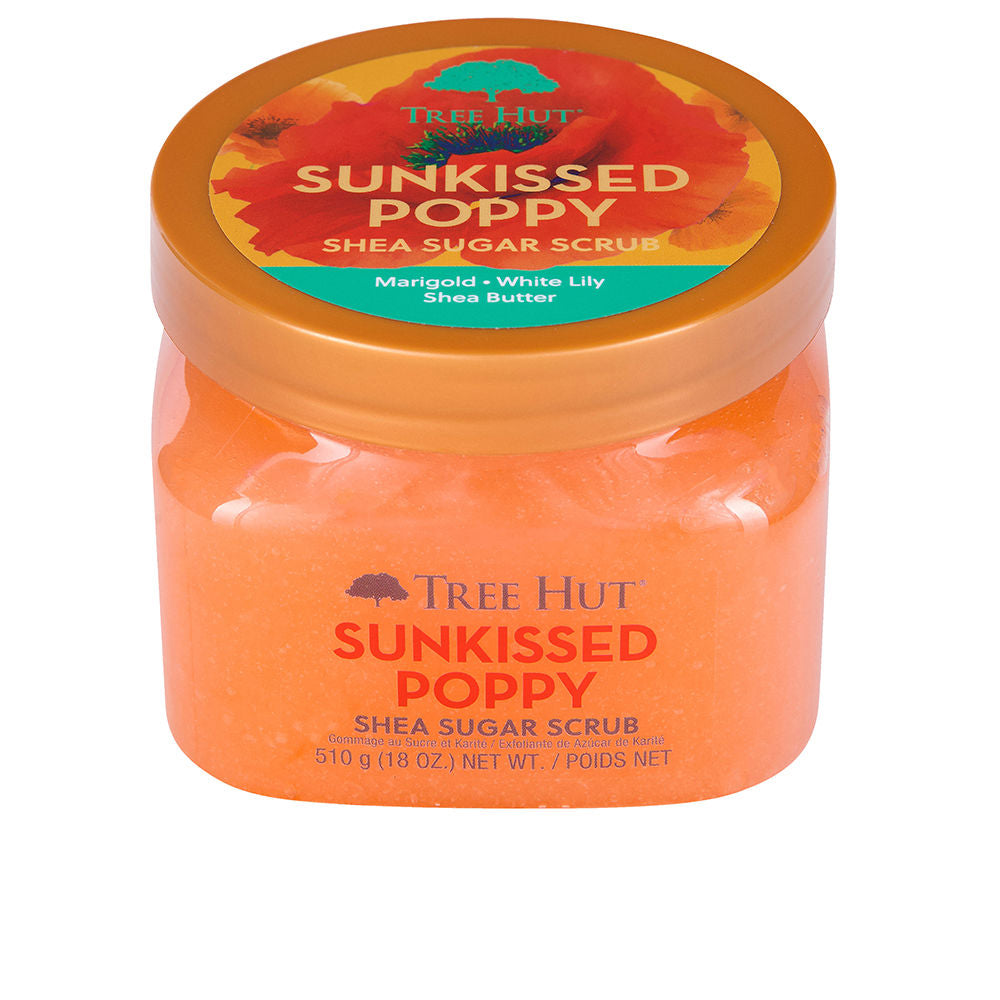 Tree Hut Round transparent plastic jar of orange sugar body scrub with screw-on lid and floral label