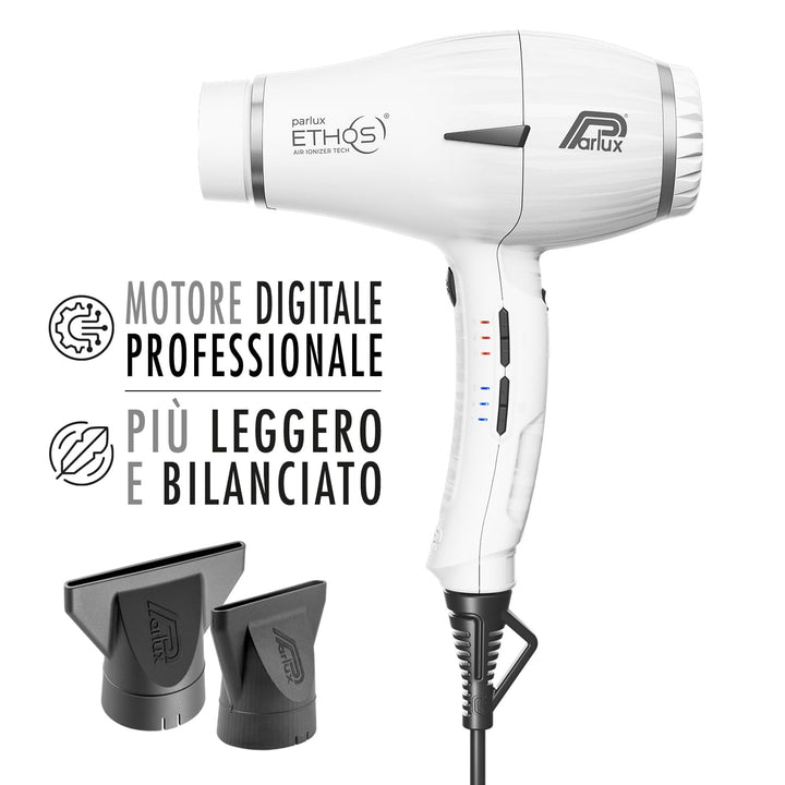 Matte white Ethos professional hair dryer with slim handle and concentrator