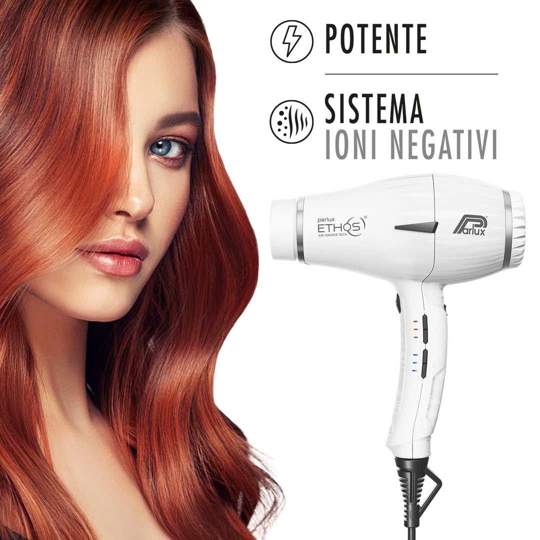 Matte white Ethos professional hair dryer with slim handle and concentrator
