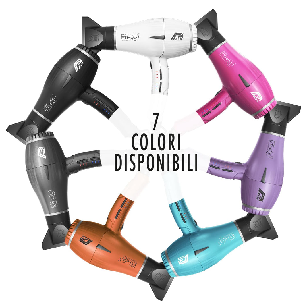 Matte white Ethos professional hair dryer with slim handle and concentrator