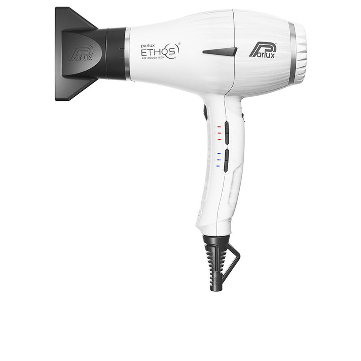 Matte white Ethos professional hair dryer with slim handle and concentrator