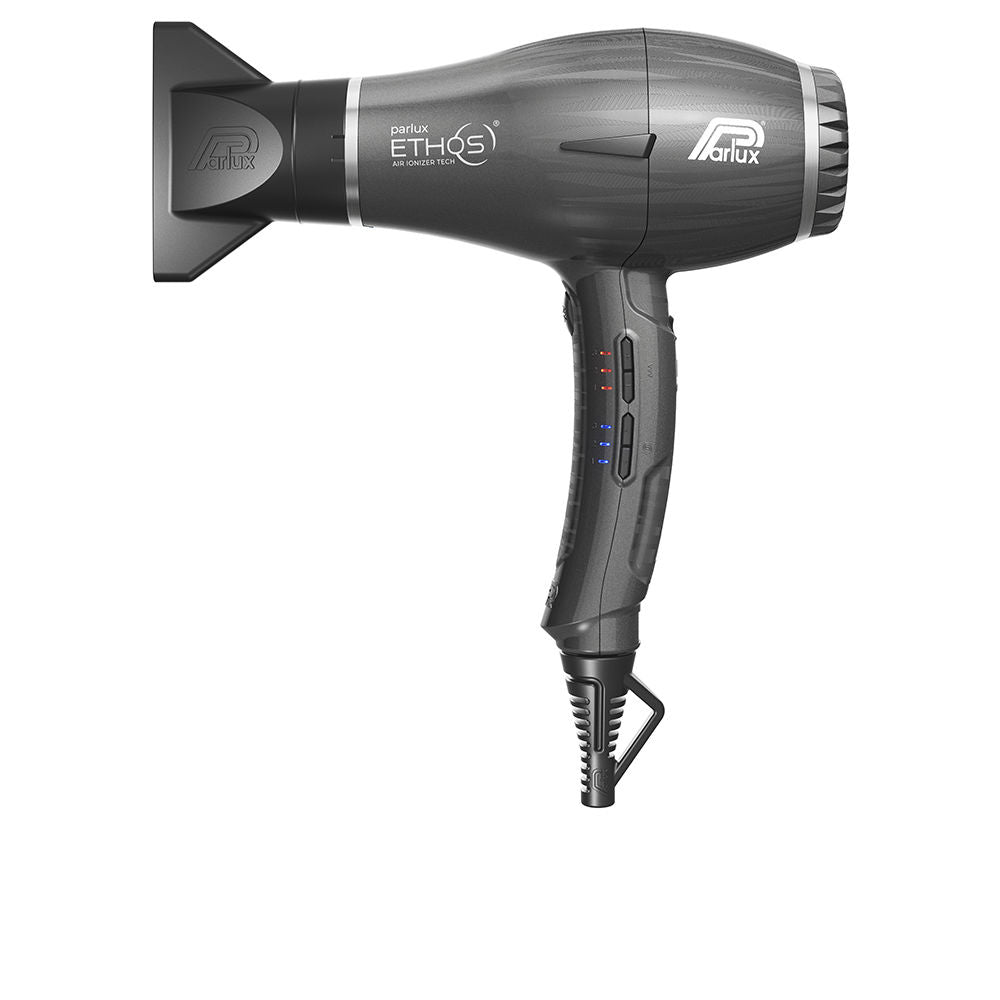 Titanium-coloured professional hair dryer with digital display and concentrator nozzle