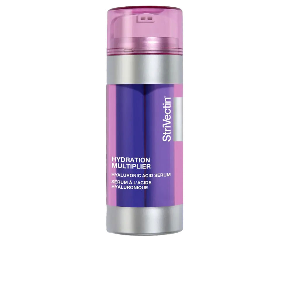 Strivectin Cylindrical plastic serum bottle with pump, transparent pink cap, metallic silver base, printed label