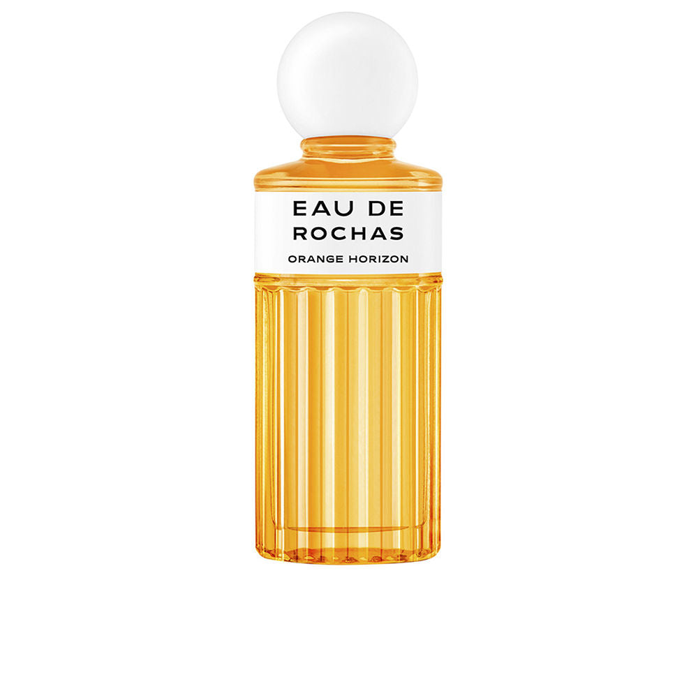 Rochas glass perfume bottle, orange ribbed texture with round white cap, modern elegant silhouette