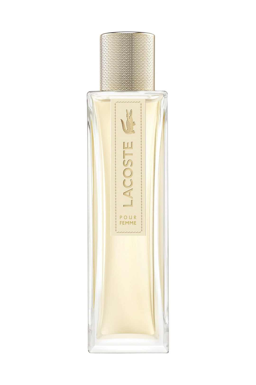 Elegant Lacoste Pour Femme perfume bottle against a soft neutral backdrop