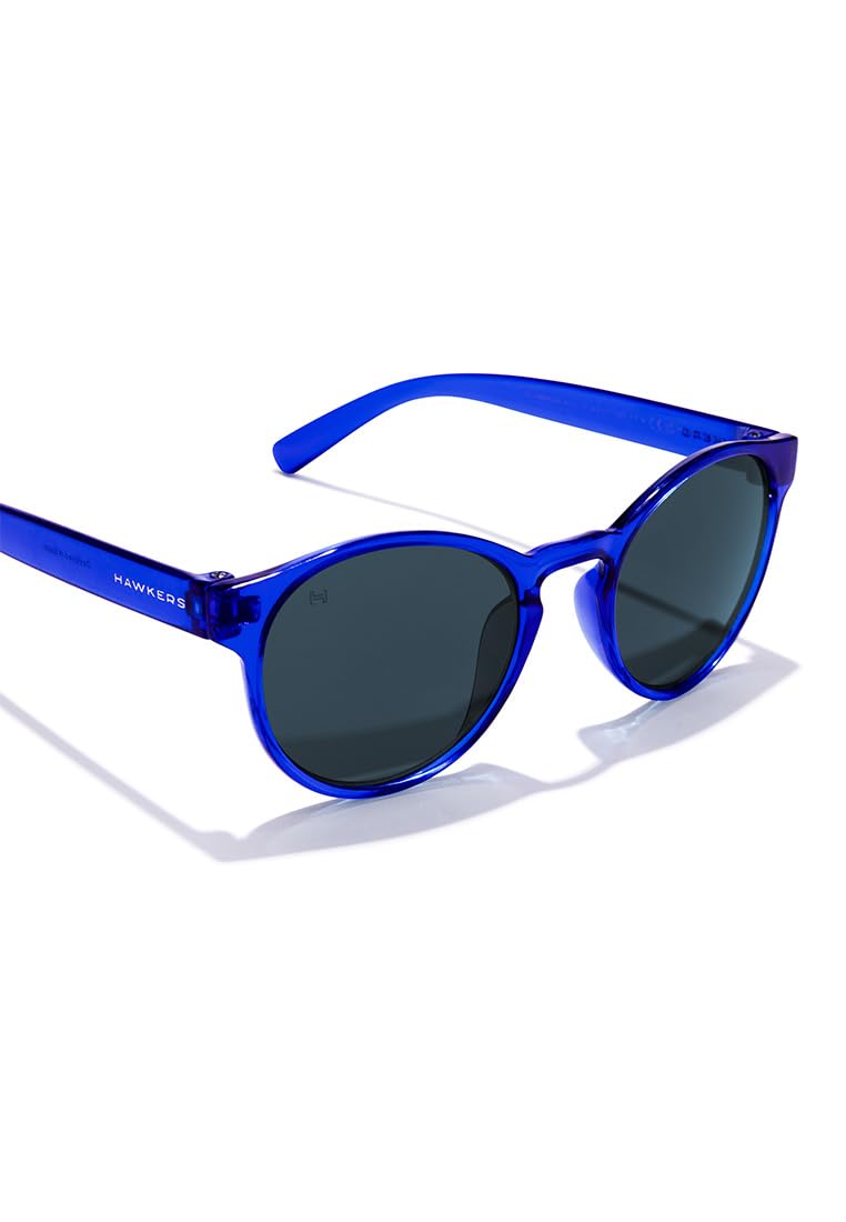Hawkers round kids sunglasses, transparent blue plastic frame, keyhole bridge, dark round lenses