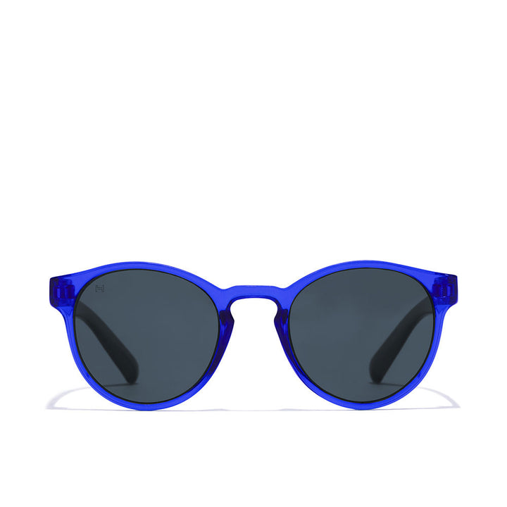 Hawkers round kids sunglasses, transparent blue plastic frame, keyhole bridge, dark round lenses
