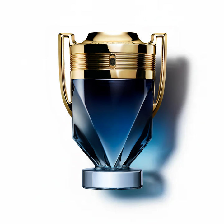 100 ml V-shaped bottle with gold cap; aquatic woody parfum for Man