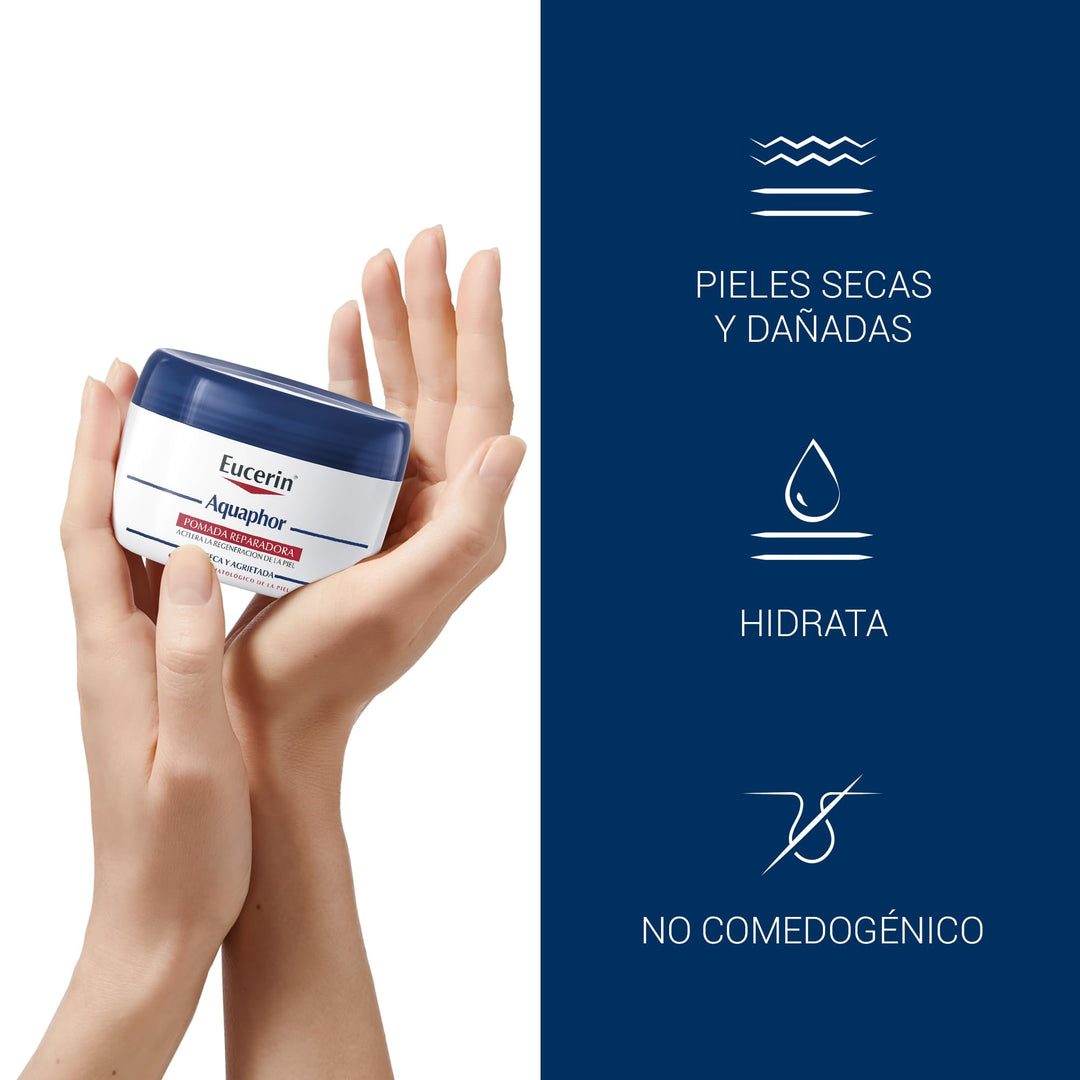 White plastic round container with screw-on lid, printed label with red and blue text bands, Eucerin