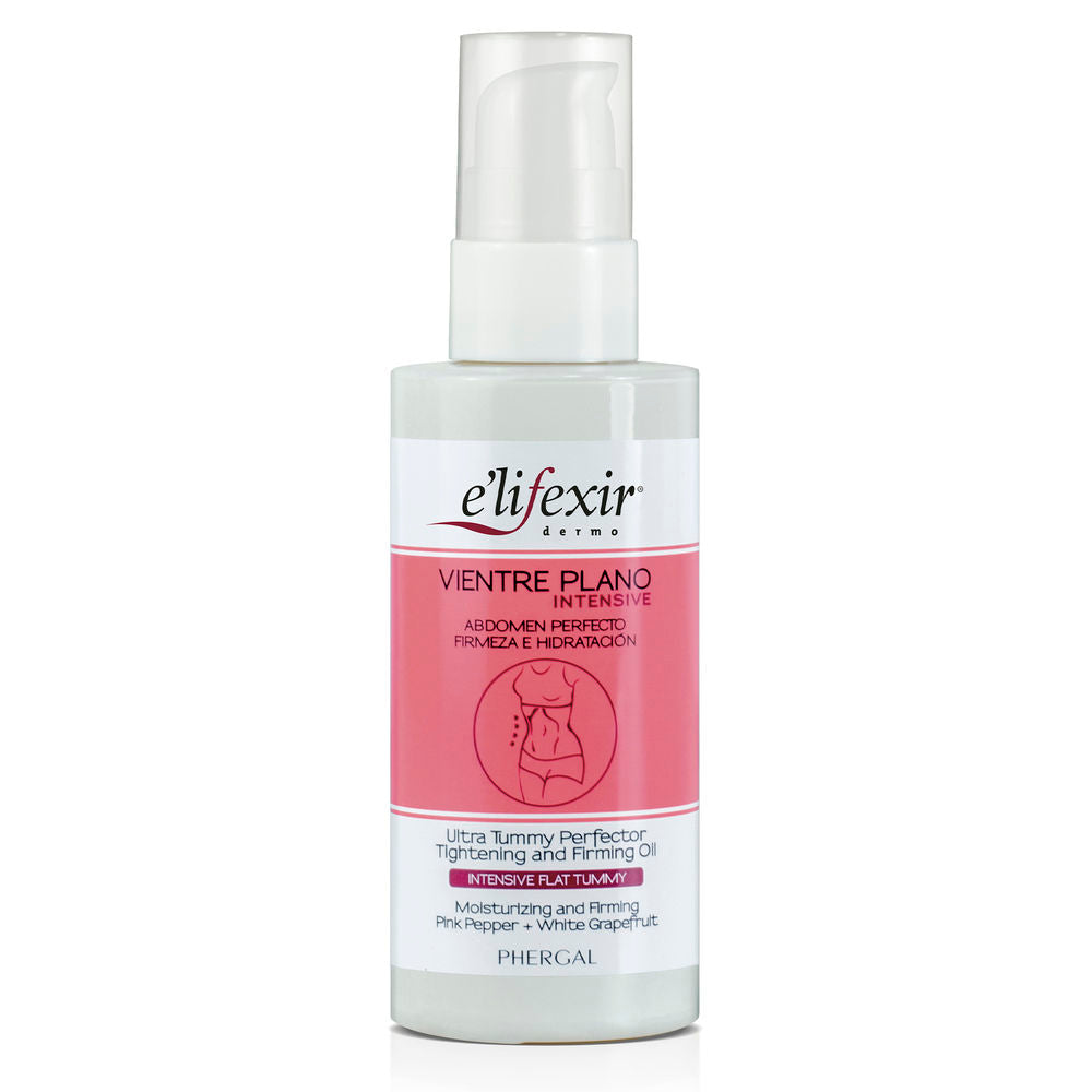 E'lifexir White and pink plastic bottle with pump, rectangular label, torso illustration, two-tone modern design