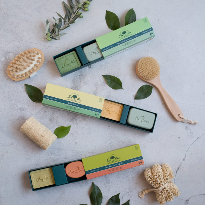 Two solid shampoo bars and travel gel, argan oil and cocoa visuals, Unisex hair set