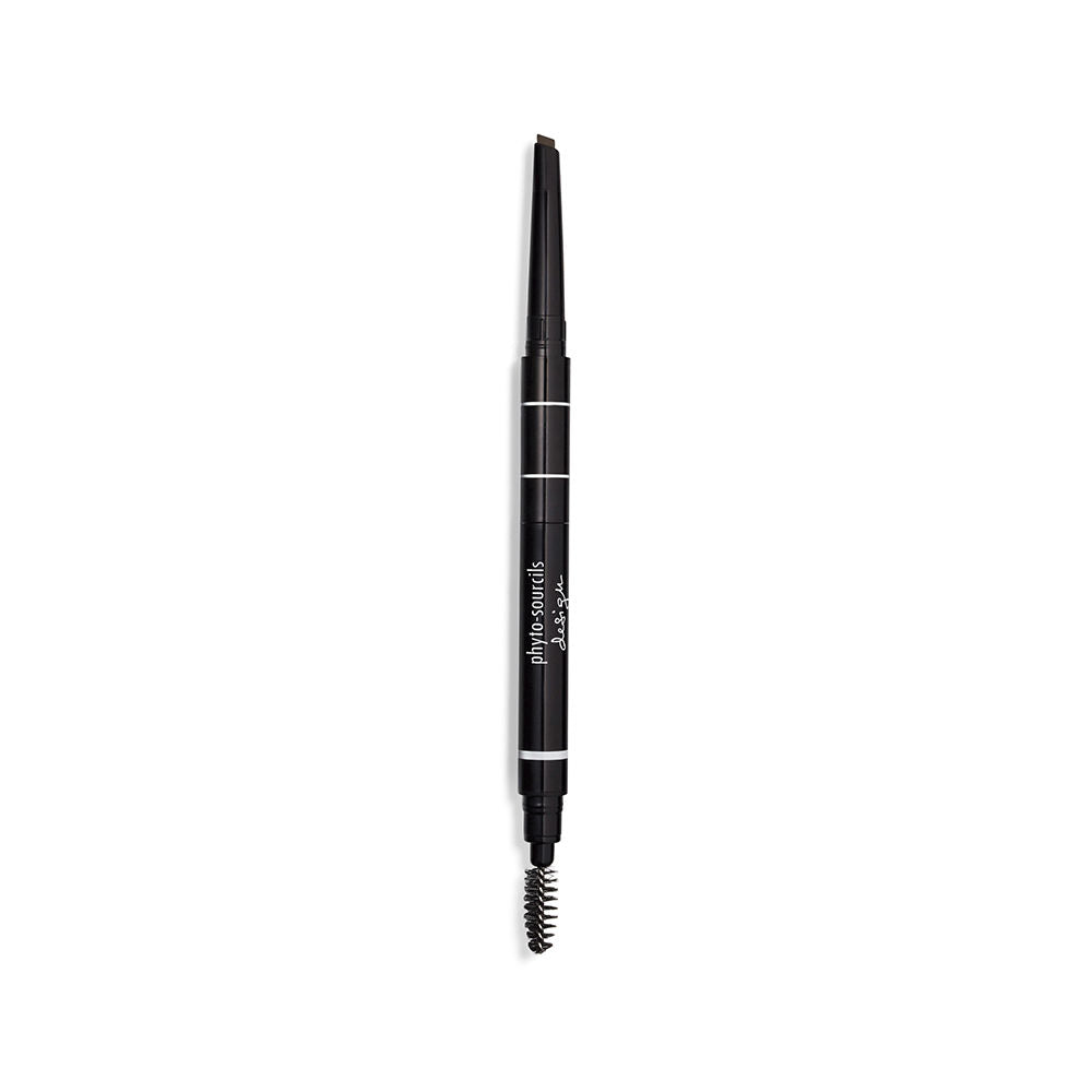 Compact eyebrow tool with triangular pencil, spoolie and under-arch highlighter sponge