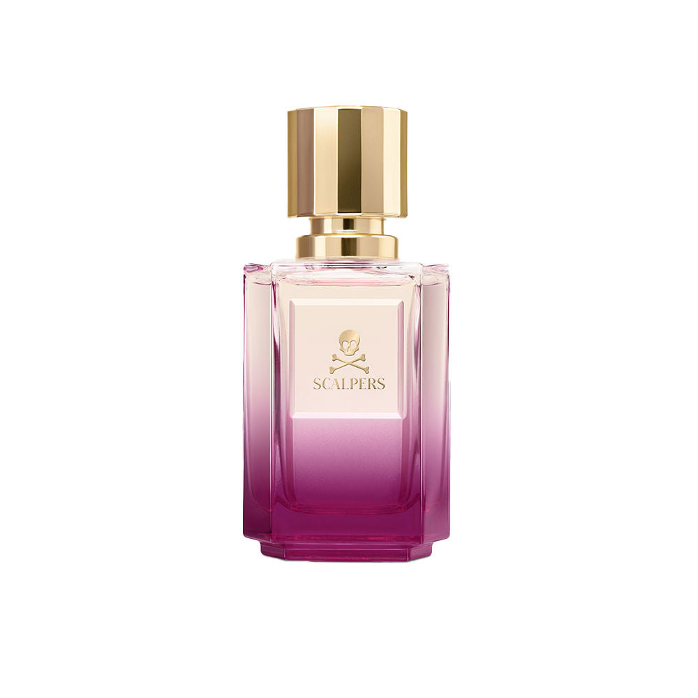 Glass rectangular perfume bottle in pink gradient with gold cap, skull and crossbones logo, modern elegance by Scalpers