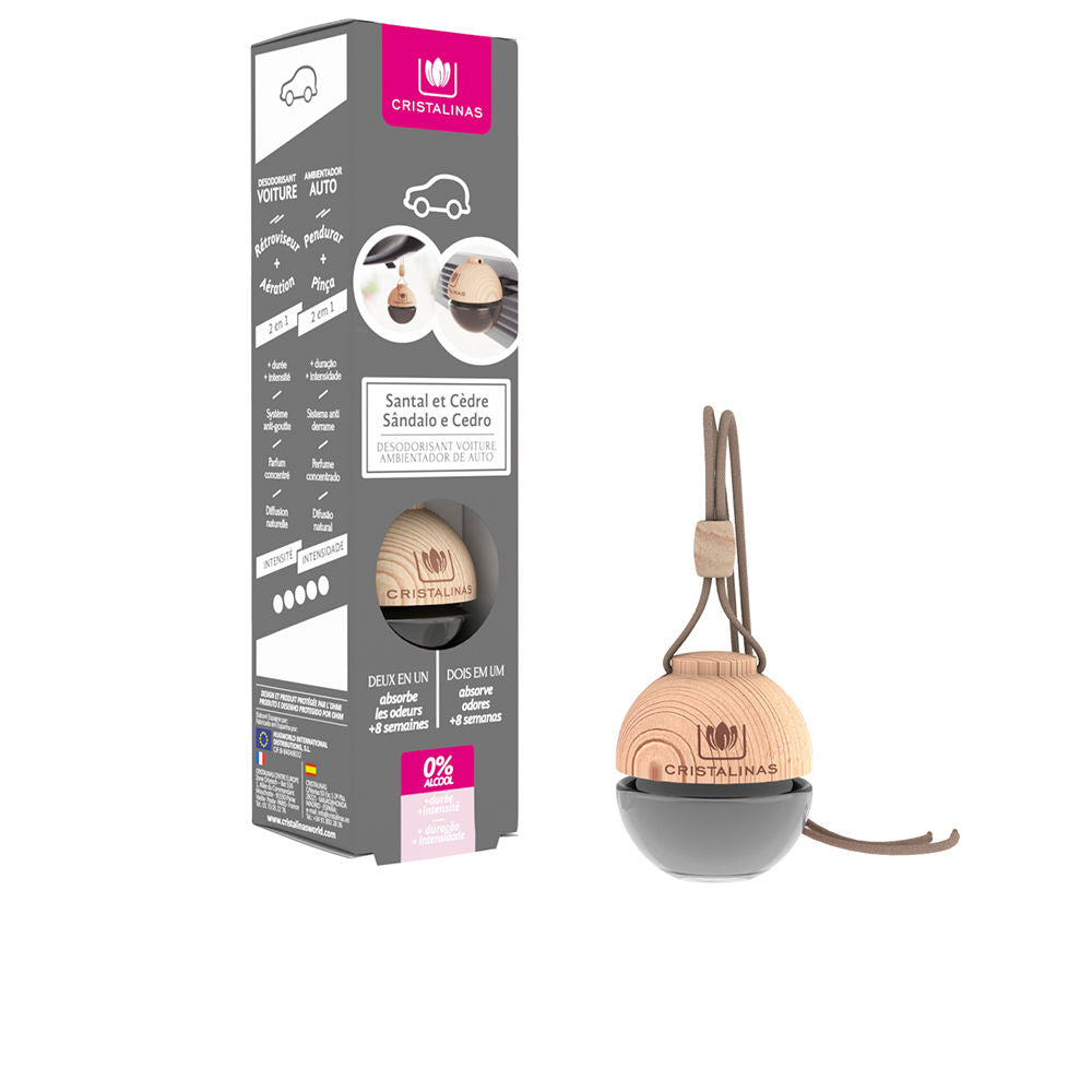 Compact Cristalinas car air freshener in sandalwood-cedar scent, minimalist design