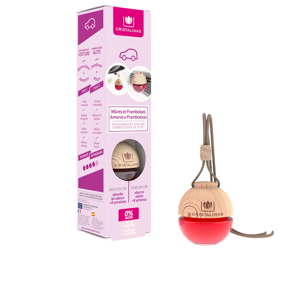 Cristalinas Compact hanging car air freshener with red transparent liquid, round wooden cap, adjustable bead string