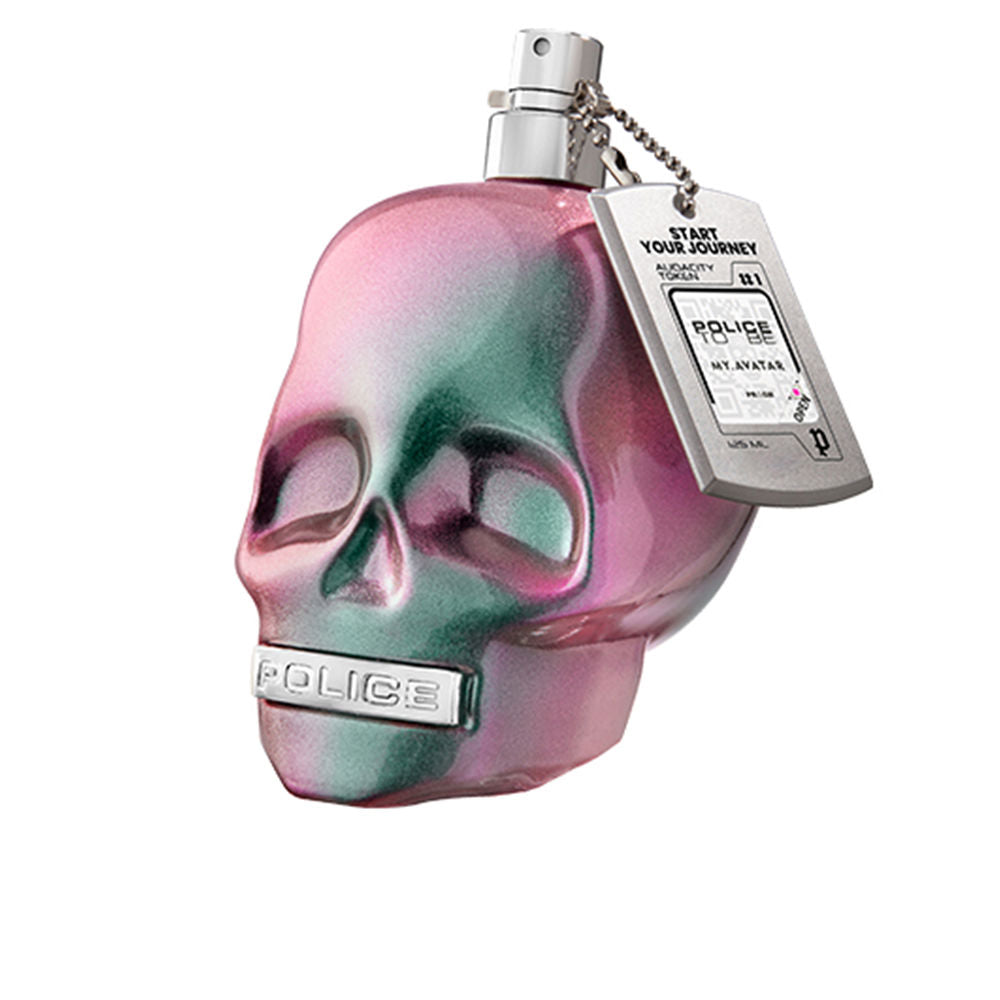 Police Glass perfume bottle in pink-to-green gradient with skull shape, metal tag on chain and spray nozzle — .