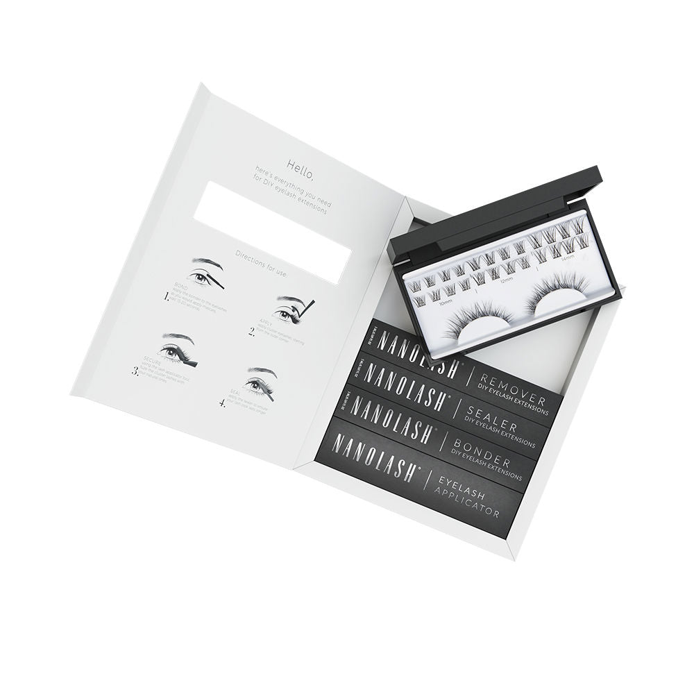 Minimalist black-and-white DIY eyelash extension kit with assorted synthetic lashes, applicator, illustrations — Nanolash