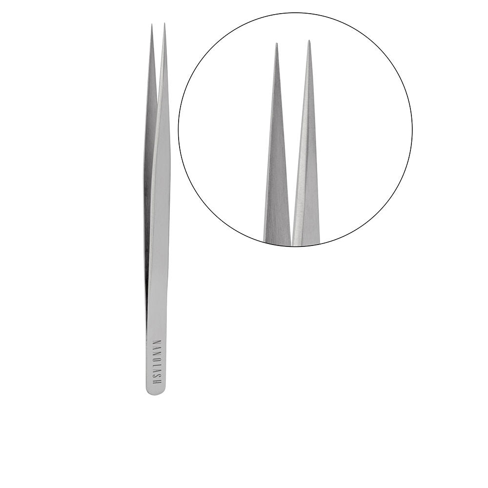 Silver metal precision tweezers with pointed tips, slim body, metallic finish, engraved Nanolash name