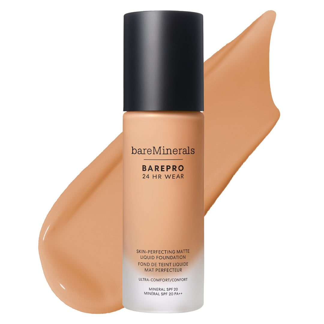 Bare Minerals Pump bottle of liquid foundation in neutral beige, smooth finish, clean minimalist packaging