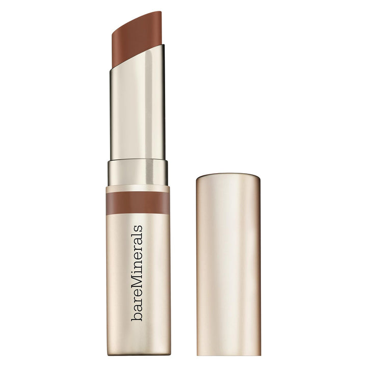 Small tube of glossy brown tinted lip balm, 2.3 g, non-sticky finish
