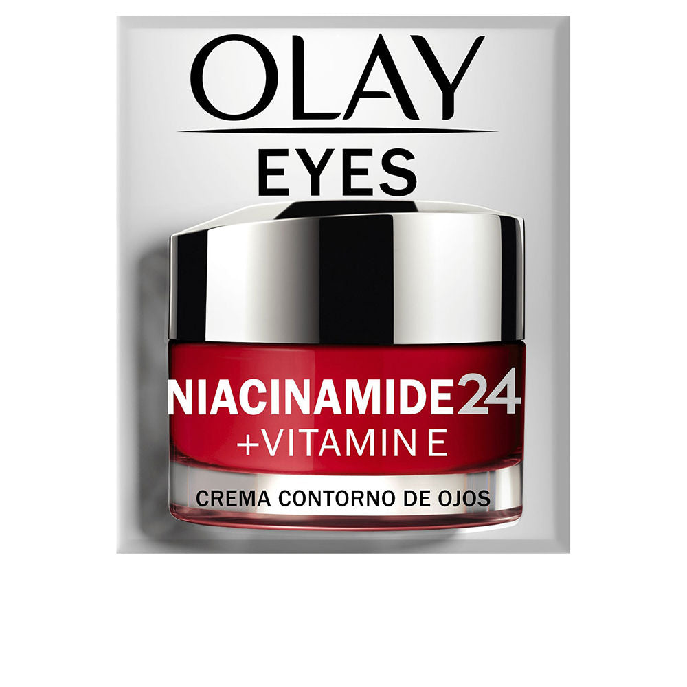 Olay red glass jar eye cream with metallic silver lid, modern clean styling, black and white label
