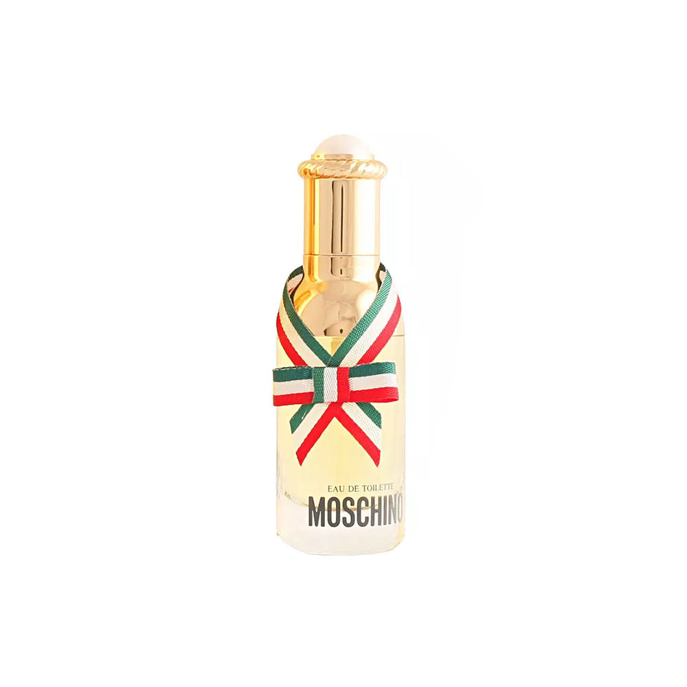 Tall glass Moschino perfume bottle with a decorative golden bow, elegant silhouette.