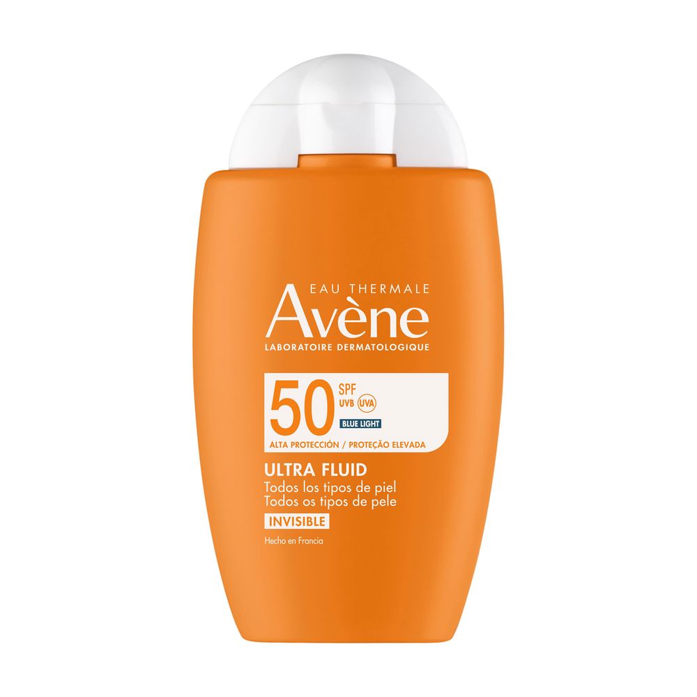 Avène White plastic pump bottle with green, yellow, red label and clear pump dispenser, bright colorful style