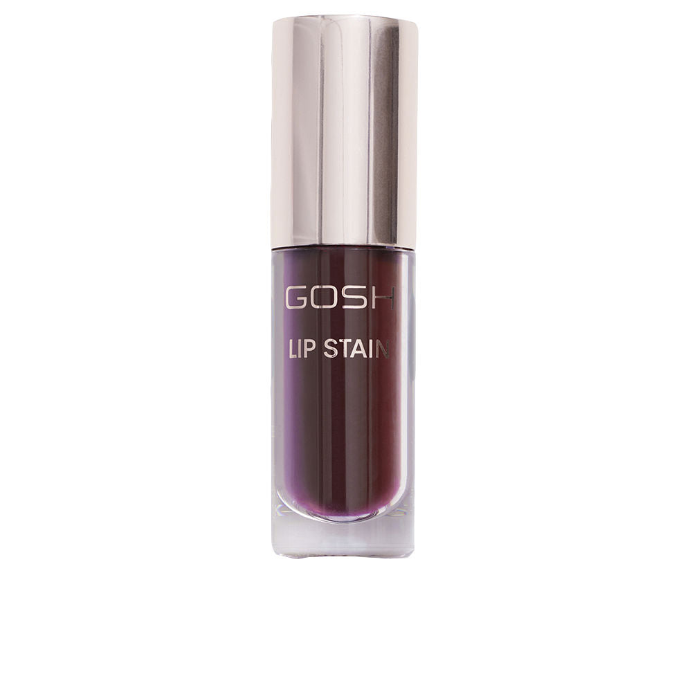 Gosh longwear lip stain in dark purple, transparent cylindrical bottle with metallic cap and printed label