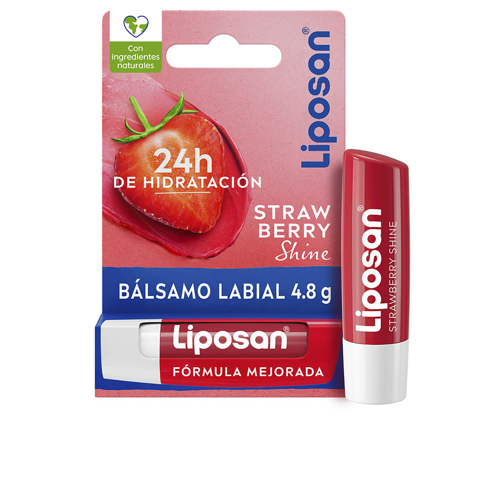 Liposan Strawberry Shine lip balm stick with subtle red tint and strawberry scent