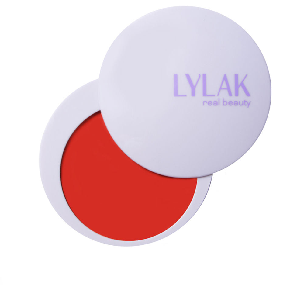 Lylak Cream blush in round white plastic container with red cream, matching lid, compact everyday elegance from