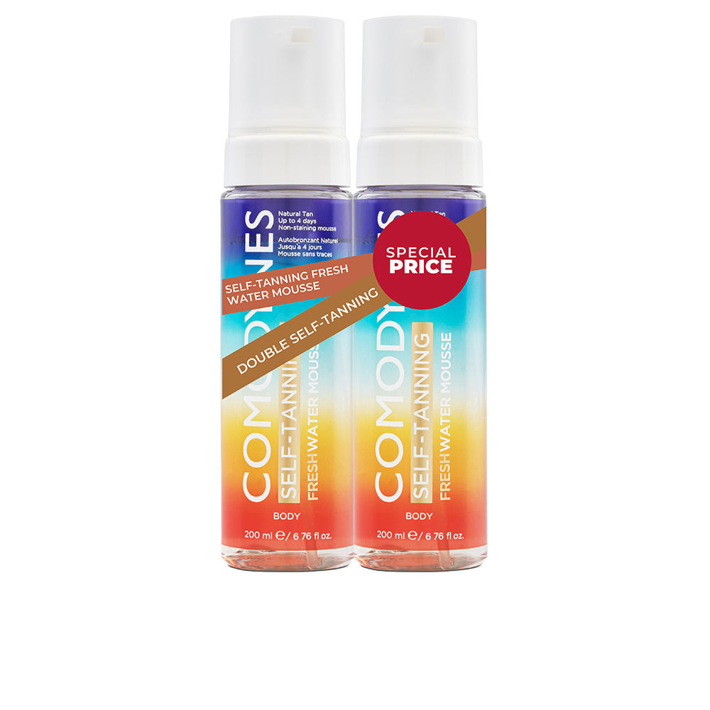 Comodynes Two plastic pump bottles of colorful gradient self-tanning mousse, modern design with diagonal banner and sticker