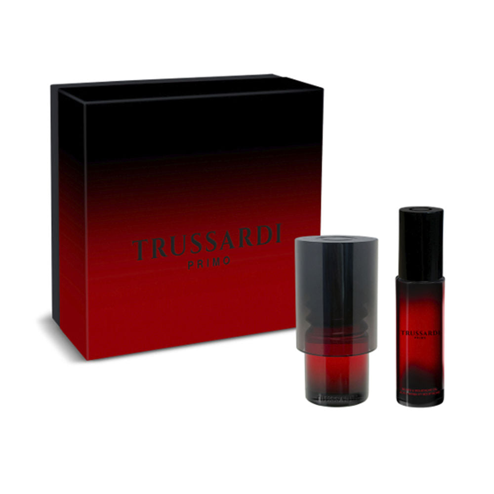Elegant heavy glass bottle of Trussardi Primo with black-to-red gradient packaging and embossed text