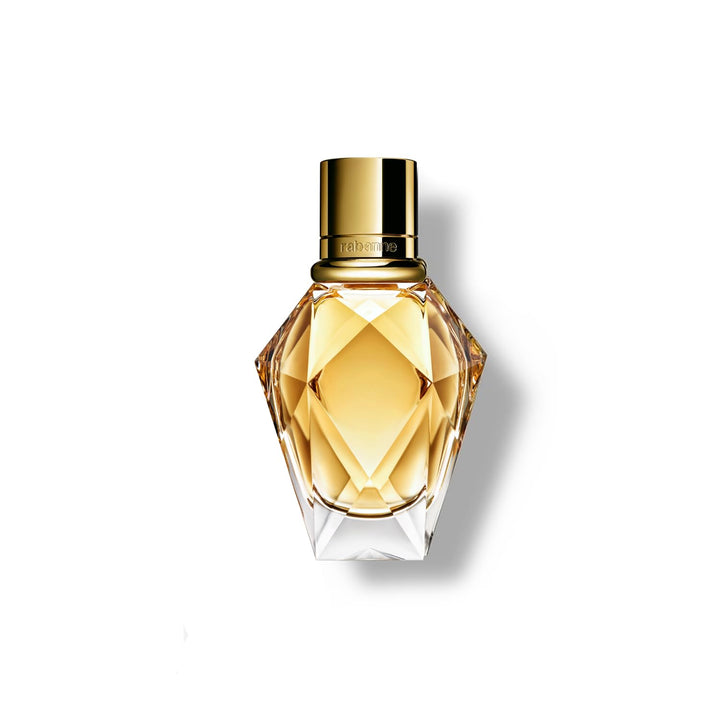 Gold multifaceted 30 ml eau de parfum bottle with XL chain, floral chypre scent