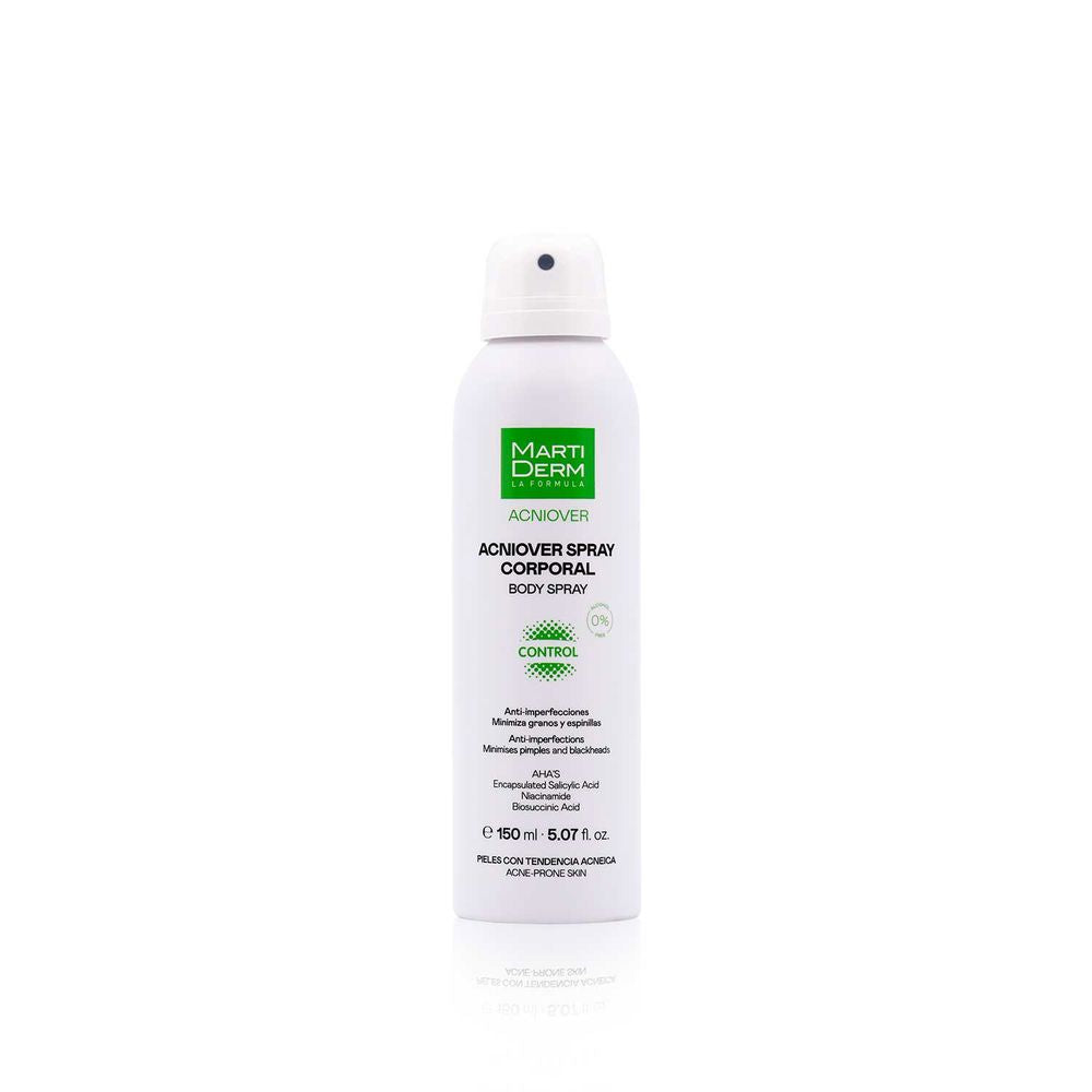 Martiderm White minimalist spray bottle with green logo, black and green text and nozzle, metal or plastic finish