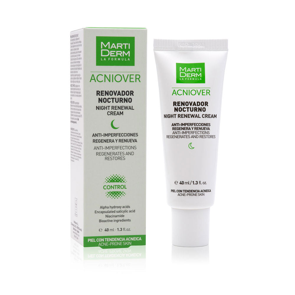 Minimalist white, green, and black night renewal cream tube and box with screw cap, crafted plastic and cardboard, Martiderm