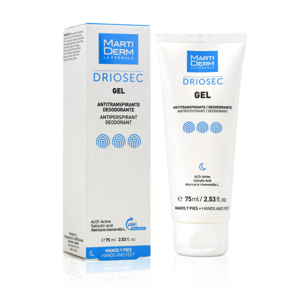 Martiderm White plastic tube with blue logo and icons beside matching box, minimalist clean gel packaging from