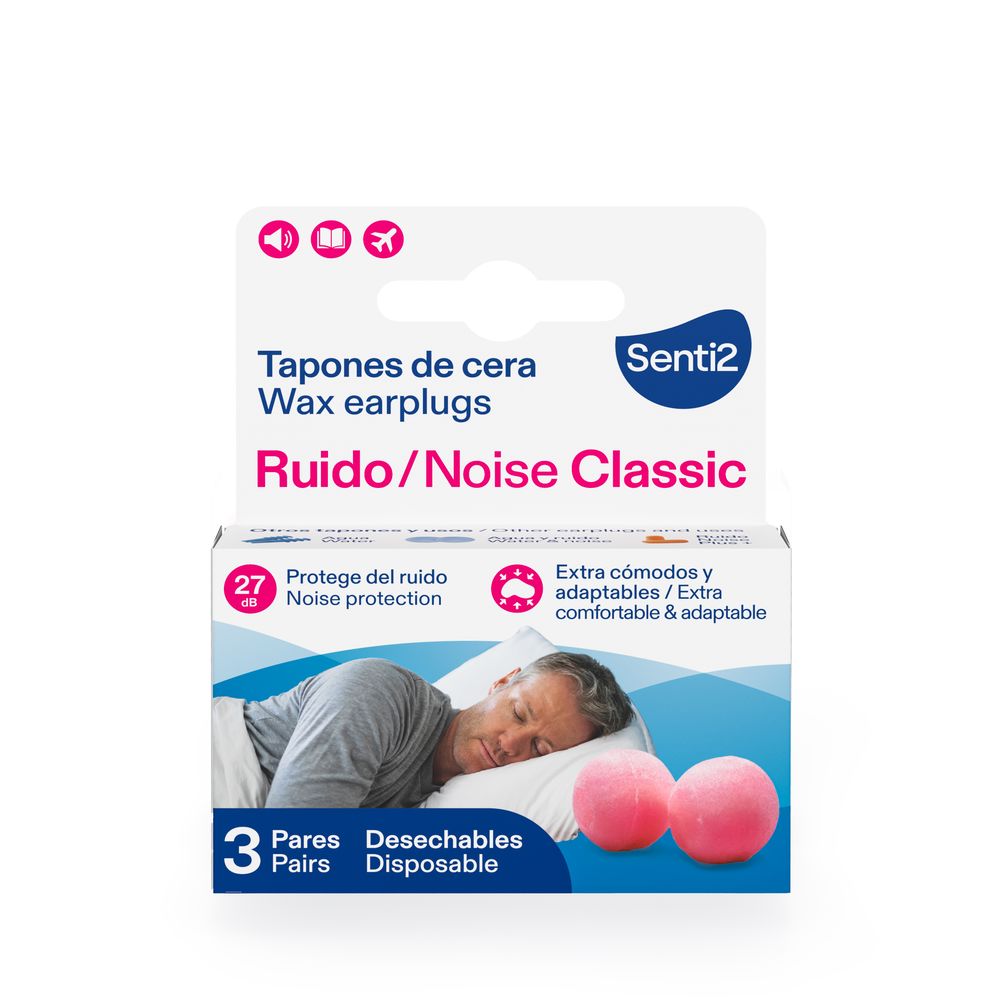 Senti2 Soft pink wax earplugs, round classic shape with foam texture shown beside compact case
