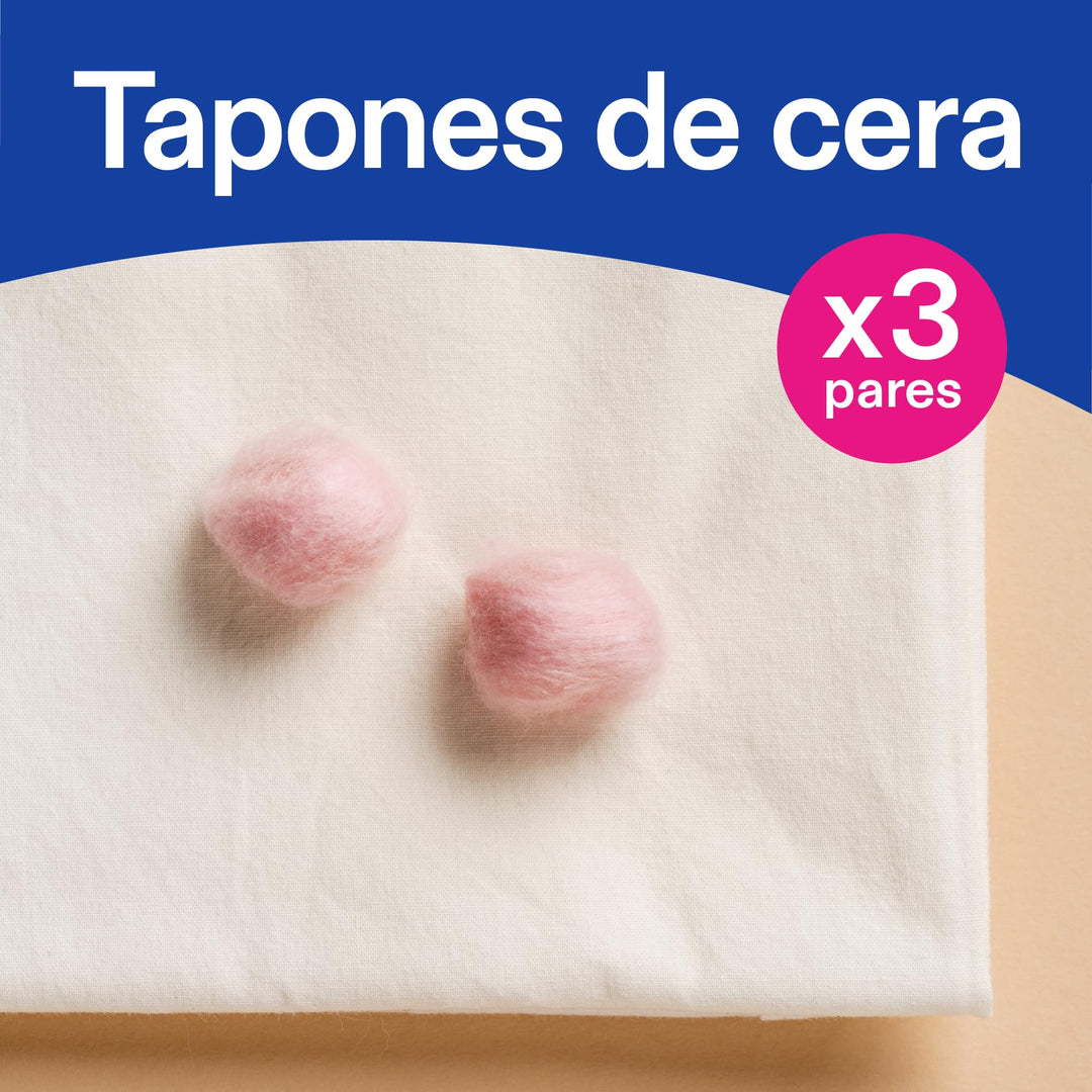 Senti2 Soft pink wax earplugs, round classic shape with foam texture shown beside compact case